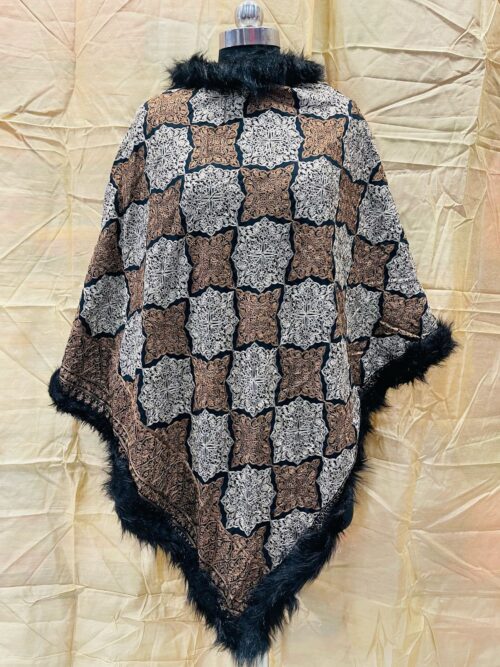wool blend poncho round neck Kashmir work border faux fur cape poncho full sleeve