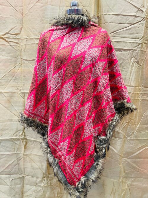 wool blend poncho round neck Kashmir work border faux fur cape poncho full sleeve
