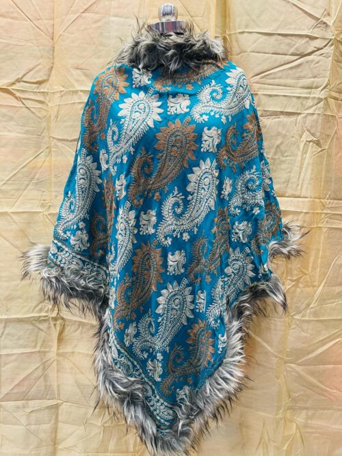 Exquisite Wool Blend Poncho with Kashmiri Work and Faux Fur Trim