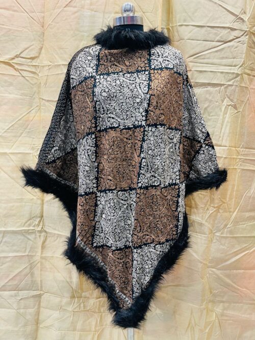 Luxurious Wool Blend Poncho with Kashmiri Embroidery and Faux Fur Trim