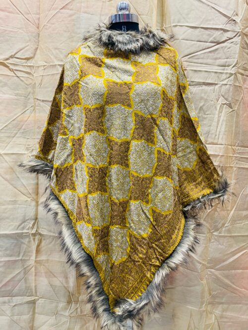 Opulent Wool Blend Poncho with Kashmiri Embroidery and Faux Fur Trim