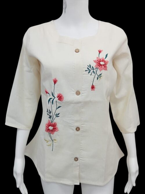 Exquisite Hand-Embroidered Floral Cotton Kurti Top