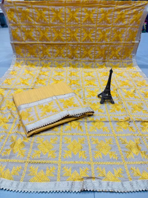  handwork embroidery border work cotton unstitched suit cloth 5 metres + Exclusive pure handwork original raw silk base dupata