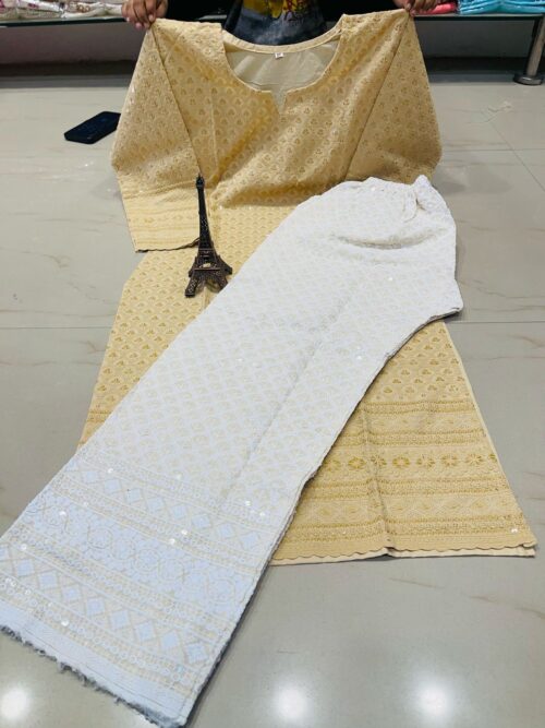 Exclusive 2 pcs Sat Chikankari Sequence Work Kurtari Chikankariwork Palazzo