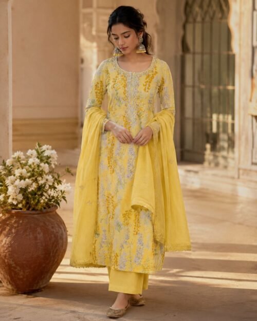 Yellow muslin printed neck work unstiched suit with ryon bottom and 2.25 mtr dupatta
